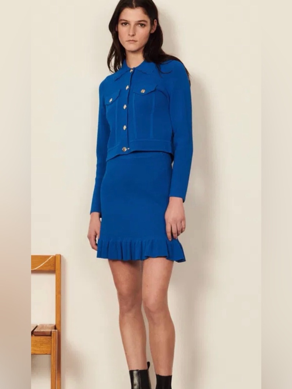 SANDRO 4 Blue Longoria Ruffle Hem Short Skirt Stretch Bodycon $235 NEW designer - Picture 2 of 10
